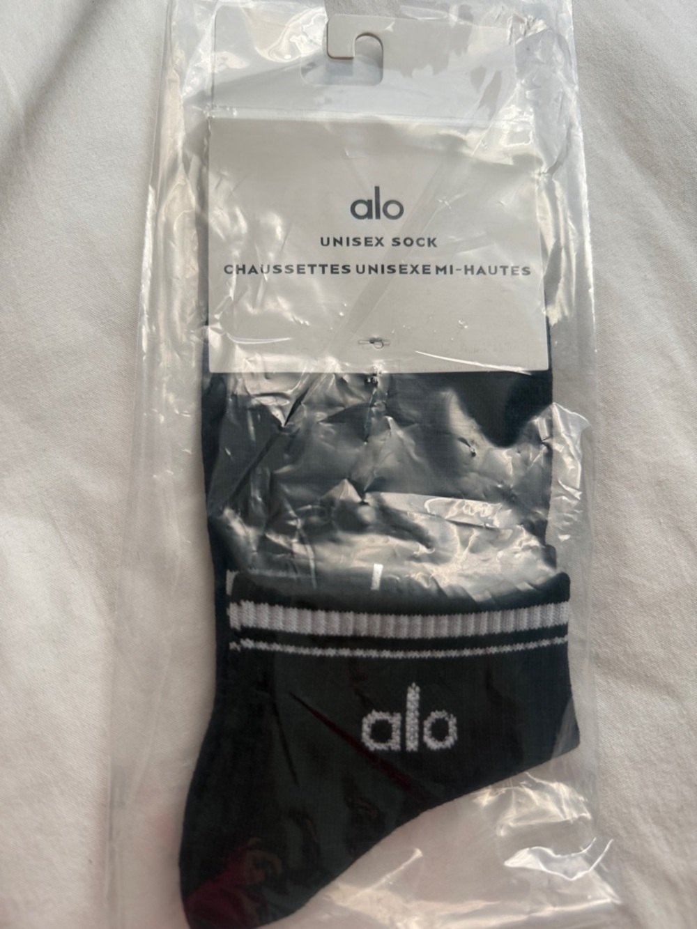 ALO Yoga Black Crew Socks with White Stripe Accent